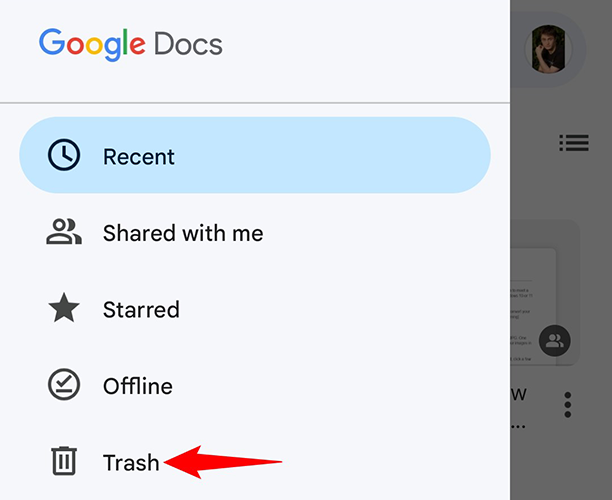 Выберите «Корзина» в меню приложения.