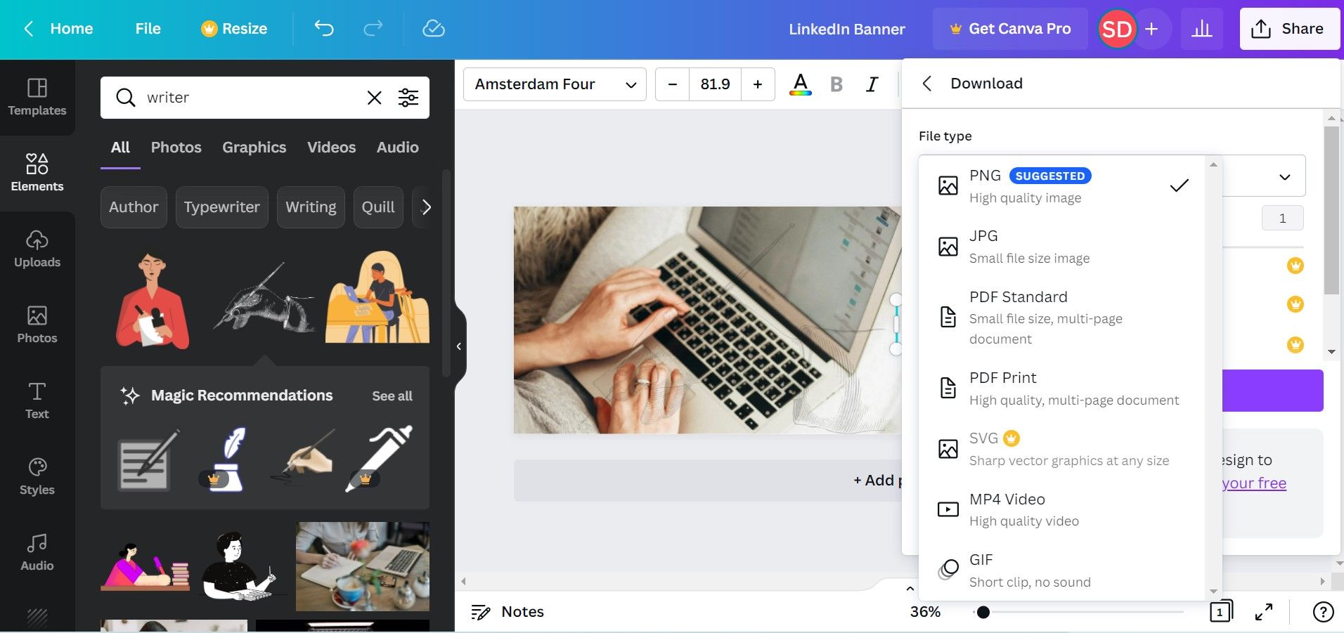 Сохранение баннера LinkedIn из Canva — меню загрузки