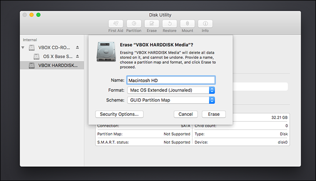 Параметры форматирования виртуального диска: Macintosh HD, Mac OS Extended (Journaled), GUID
