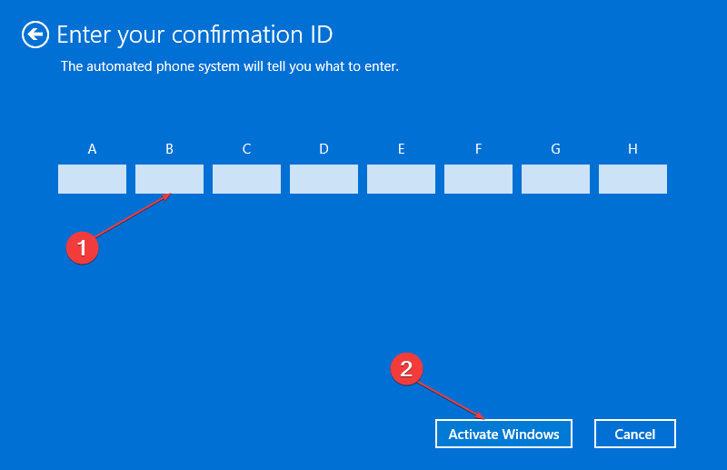 Кнопка Активации Windows после ввода подтверждающего ID