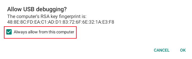 Окно подтверждения разрешения отладки USB на Chromebook