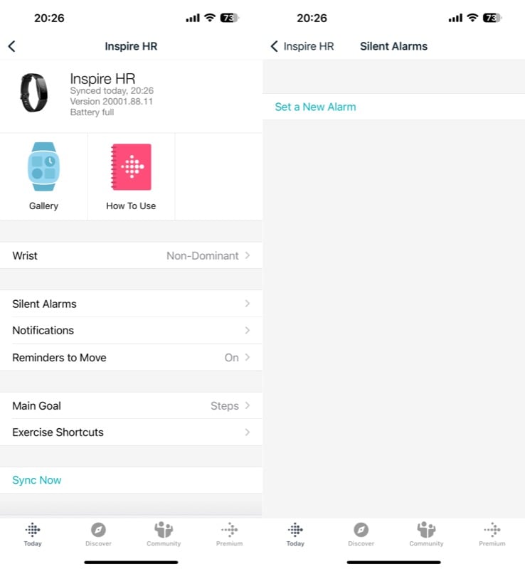 option to set a new alarm in the fitbit app