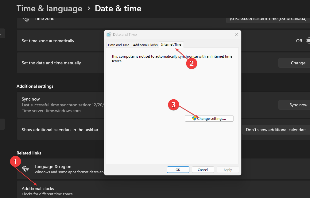Параметры дополнительных часов и синхронизации времени с интернет-сервером