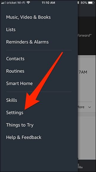 Экран настроек в приложении Alexa