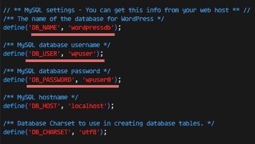 Настройка данных базы данных в wp-config.php