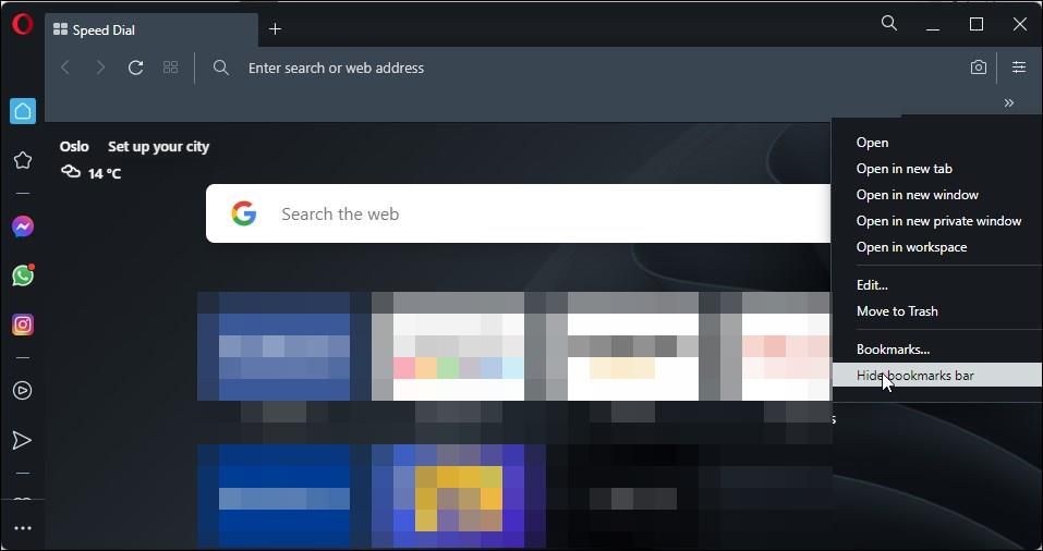 Скрыть панель закладок в Opera