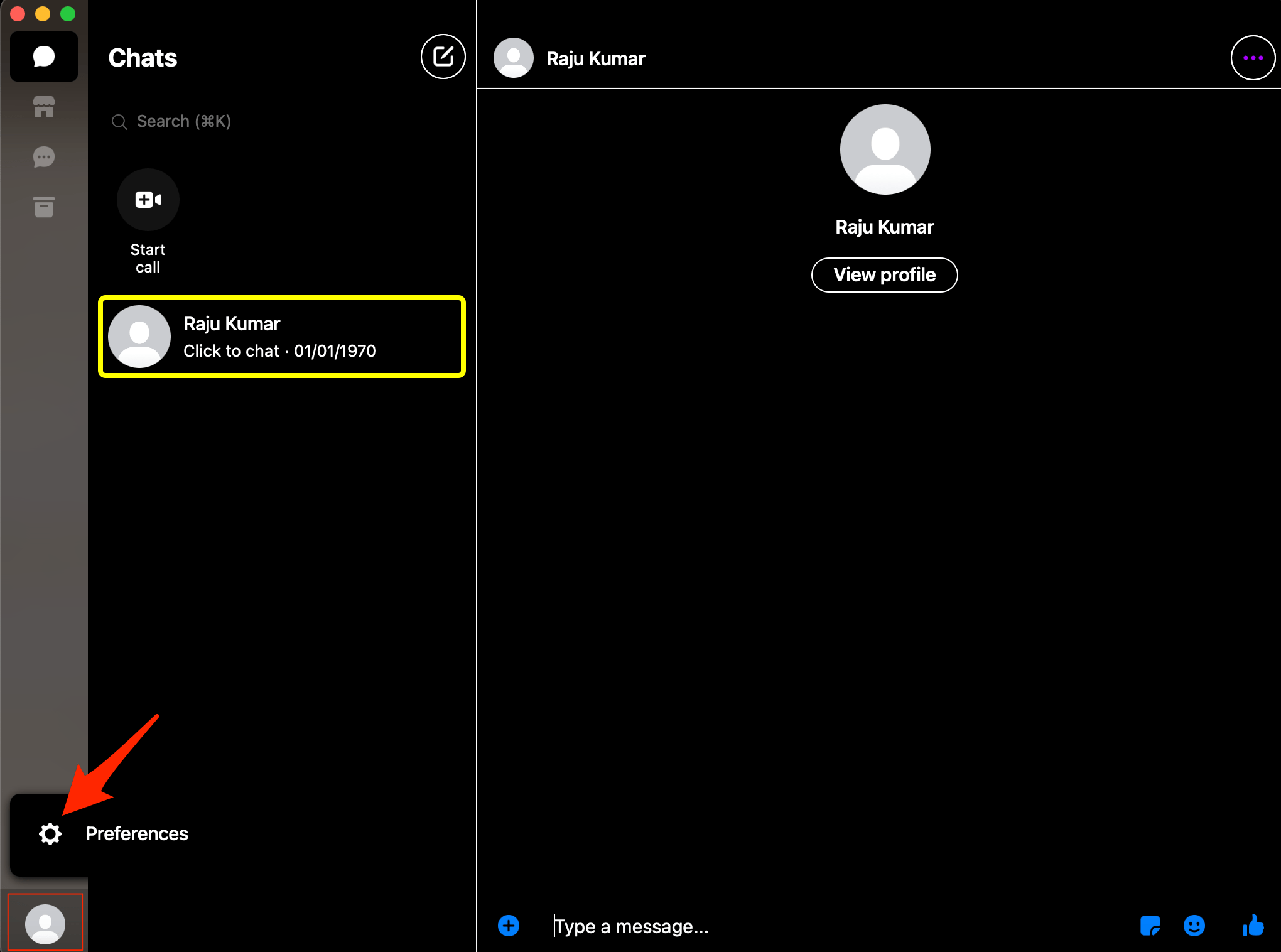Нажмите Preferences в Messenger