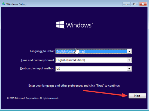 Кнопка Next в установщике/в среде восстановления