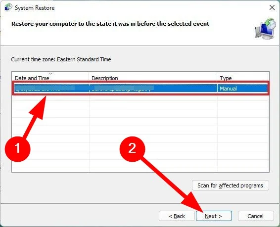 Выбор точки восстановления