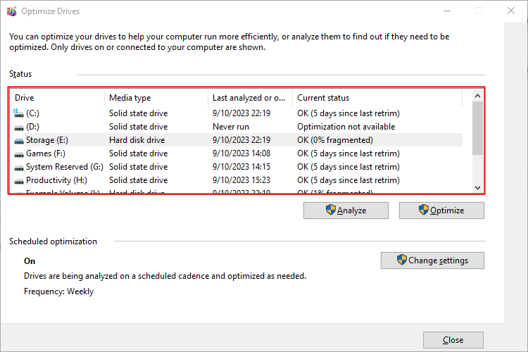 Список дисков в формате NTFS в окне оптимизации