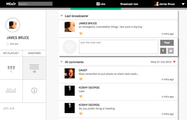 Интерфейс Mixlr с элементами прямой трансляции и чатом