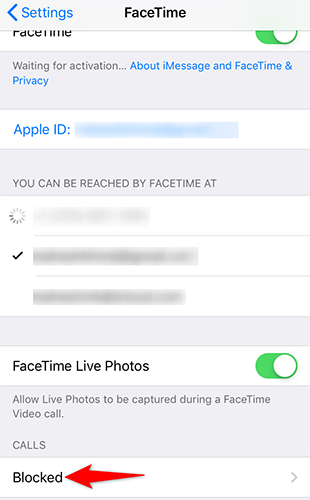Нажмите «Заблокированные» в настройках FaceTime.