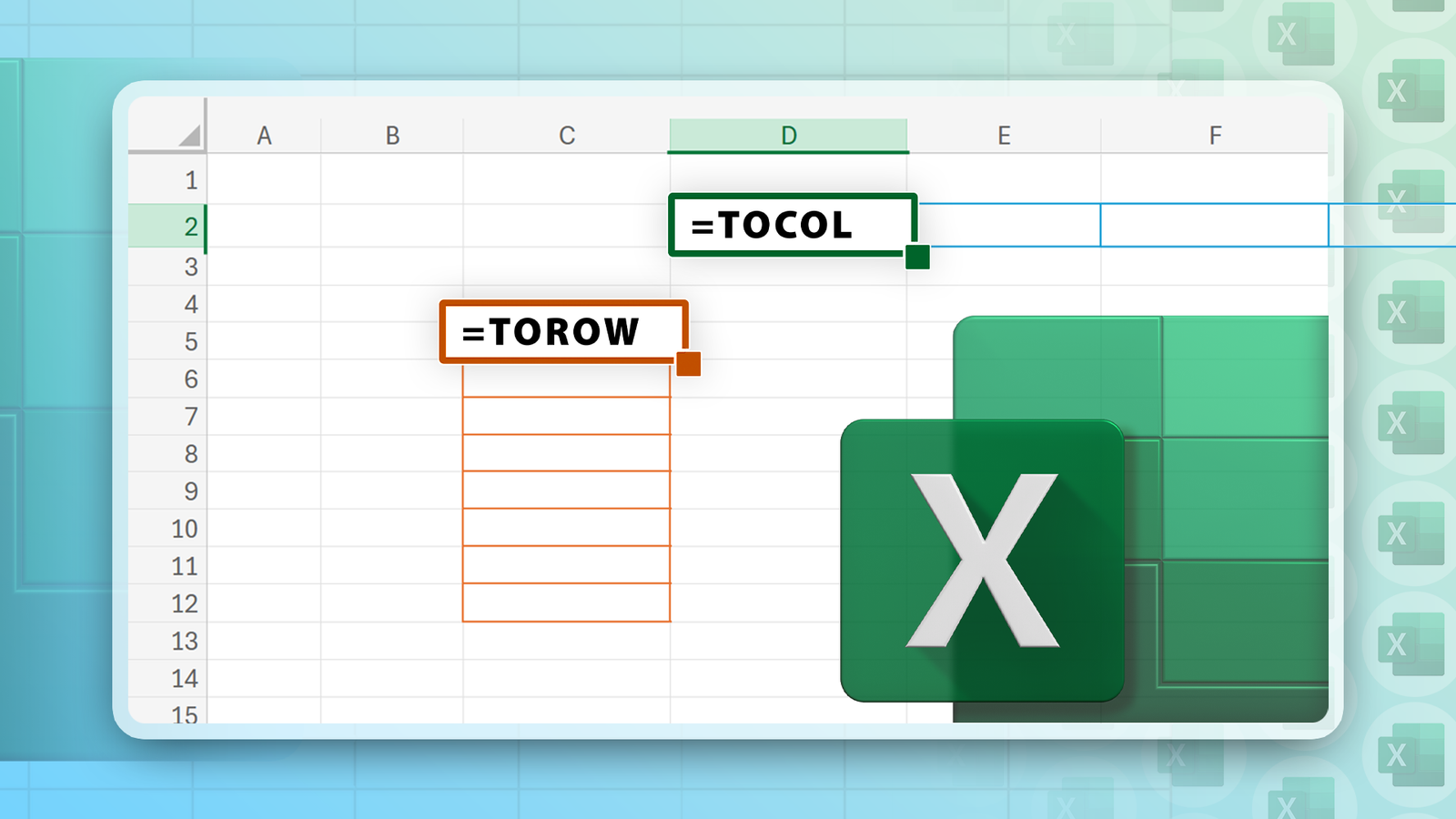 Таблица Microsoft Excel, показывающая функции TOCOL и TOROW с логотипом Excel.