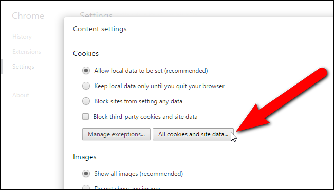 Список «Все файлы cookie и данные сайтов» в Chrome