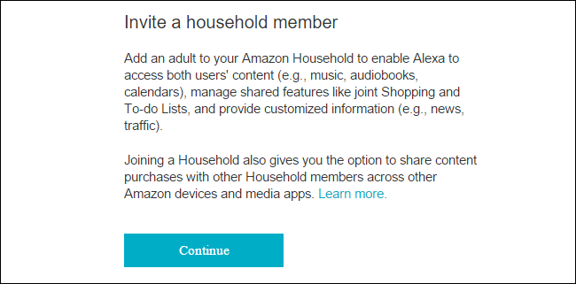 Подтверждение о системе Amazon Household и кнопка Продолжить