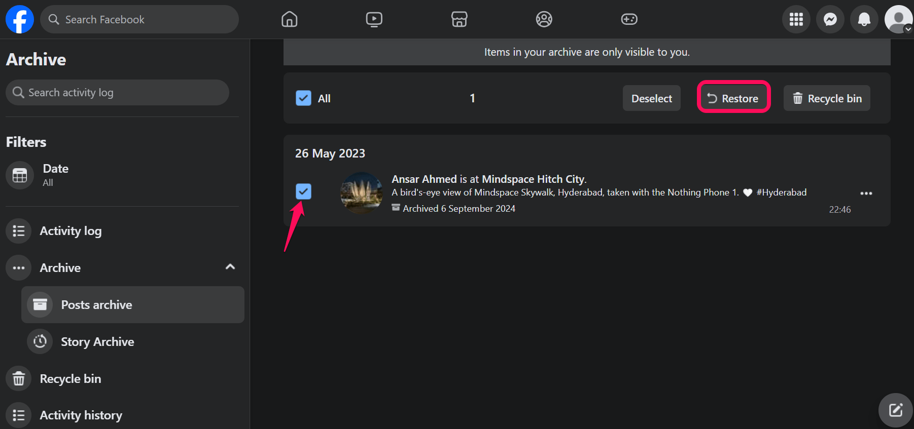Sélection d'une publication archivée et action Restaurer sur desktop