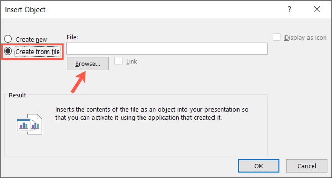 Окно вставки объекта в PowerPoint