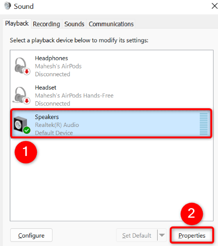 Select the audio device, then