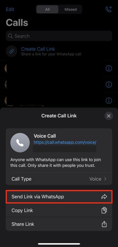Отправка ссылки на звонок через WhatsApp