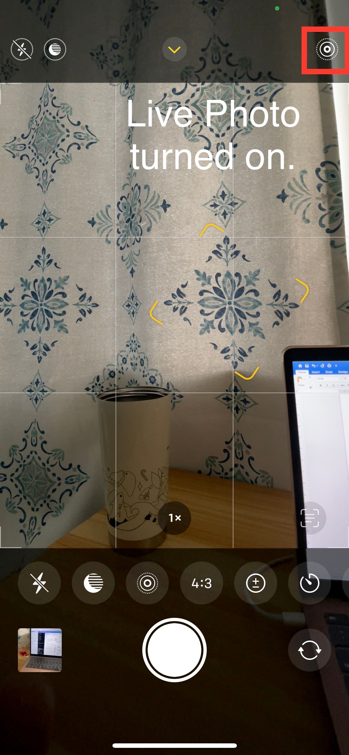 Кнопка Live Photo в камере — включено