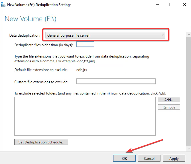 Параметры Data Deduplication и расписание