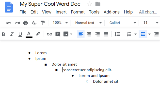 Пример многоуровневого маркированного списка в Google Docs.