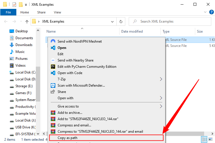 Контекстное меню после Shift+правый клик с выделенной «Copy as Path».