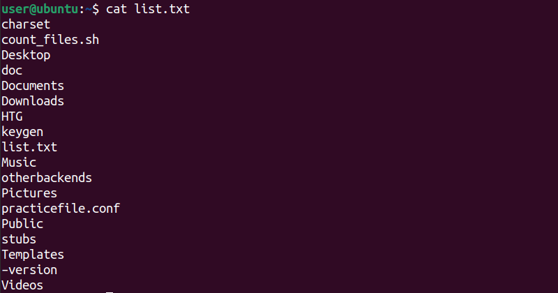 Просмотр содержимого list.txt с помощью команды cat.