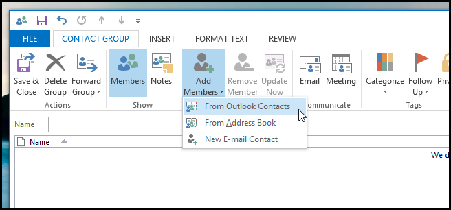 Добавление участников в группу через «From Outlook Contacts»
