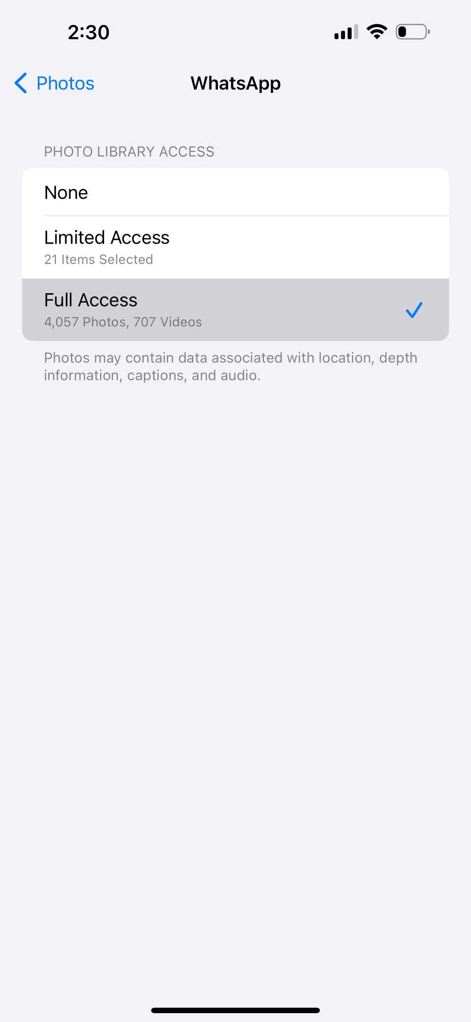 полный доступ к фото для WhatsApp в iOS