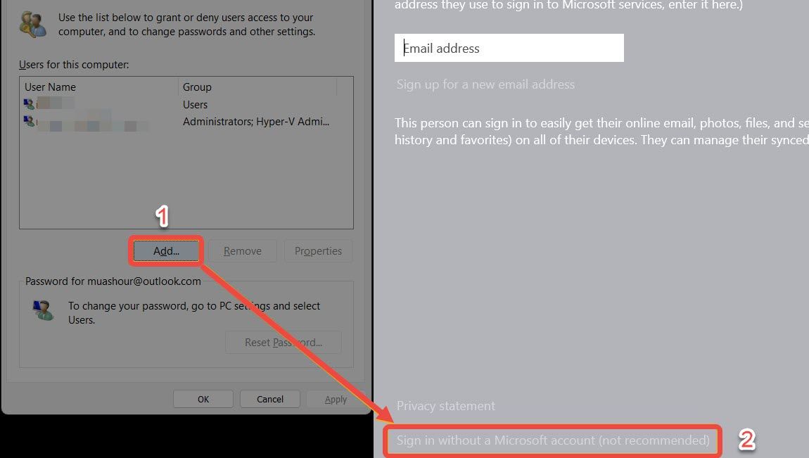 Добавление новой учётной записи в Windows с выбором варианта без учётной записи Майкрософт.