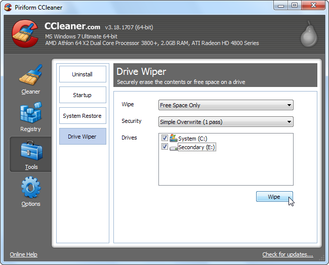 Инструмент Drive Wiper в CCleaner с выбором диска и количества проходов