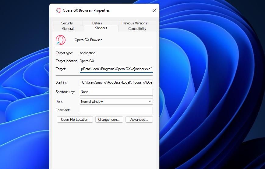 Поле «Объект» в свойствах ярлыка