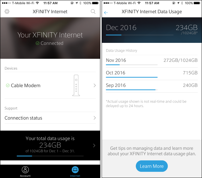 Скриншот раздела статистики использования данных в мобильном приложении XFINITY