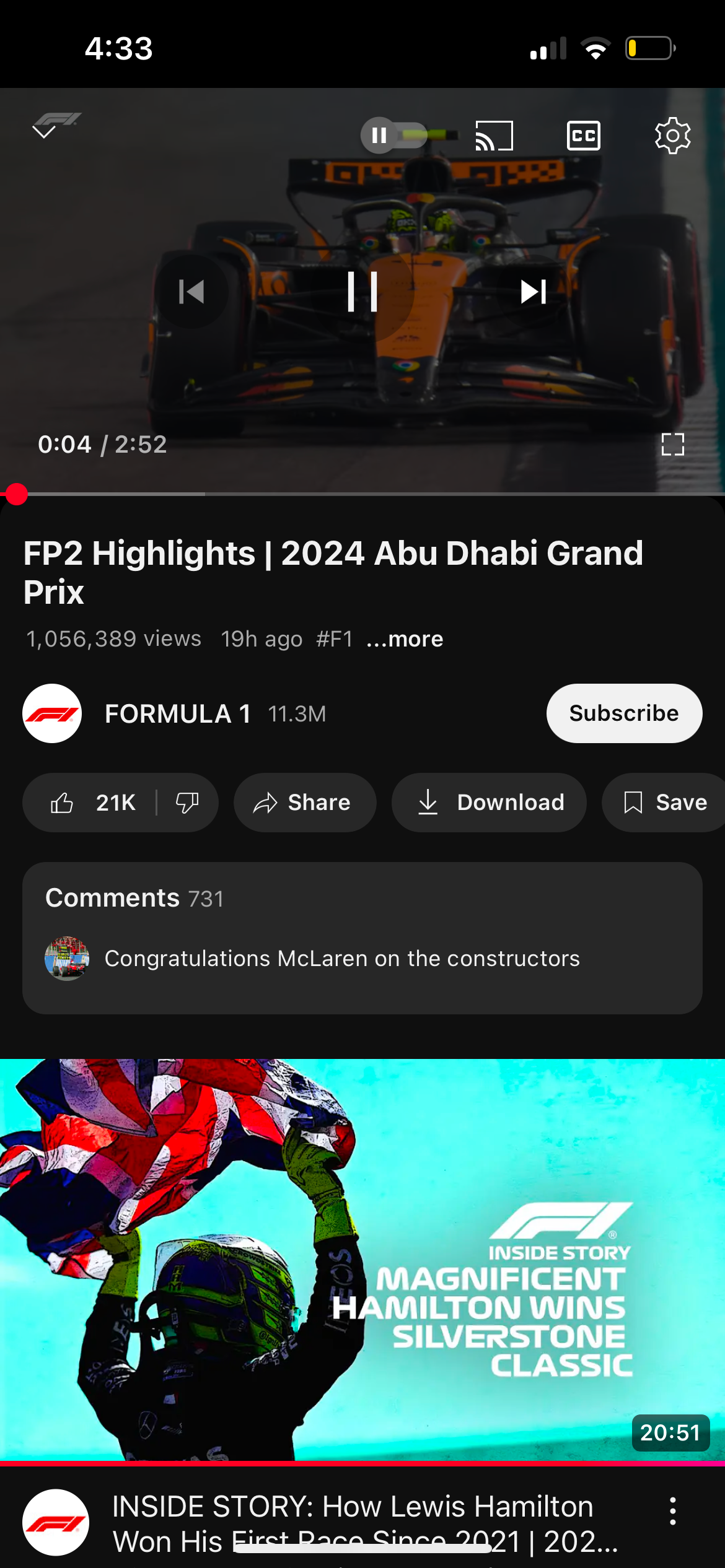 Приложение YouTube на iOS проигрывает ролик F1