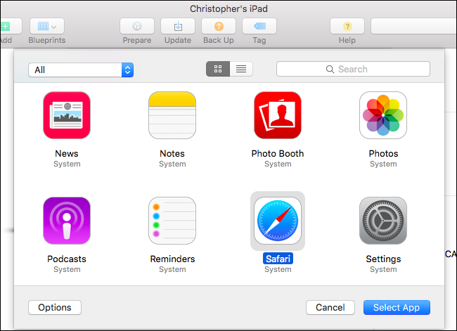 Список приложений в Apple Configurator для выбора Single App Mode