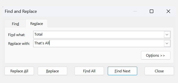 Окно Replace в Microsoft Excel с полями Find what и Replace with