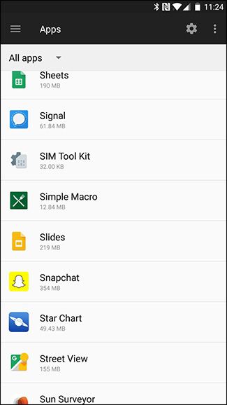 Настройки Android: список приложений с Snapchat