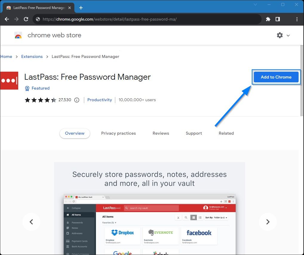 кнопка Добавить в Chrome для расширения LastPass в Интернет-магазине