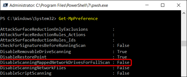 Результат Get-MpPreference показывает DisableScanningMappedNetworkDrivesForFullScan = False