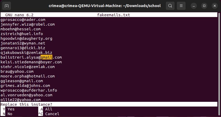 Поиск и замена текста в GNU nano, диалог замены