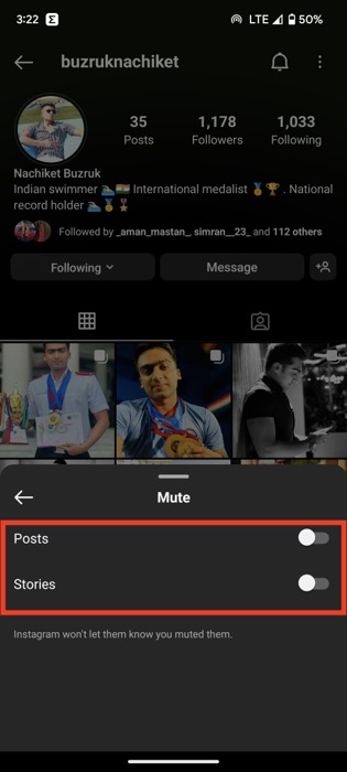 Option Muet sur le profil Instagram