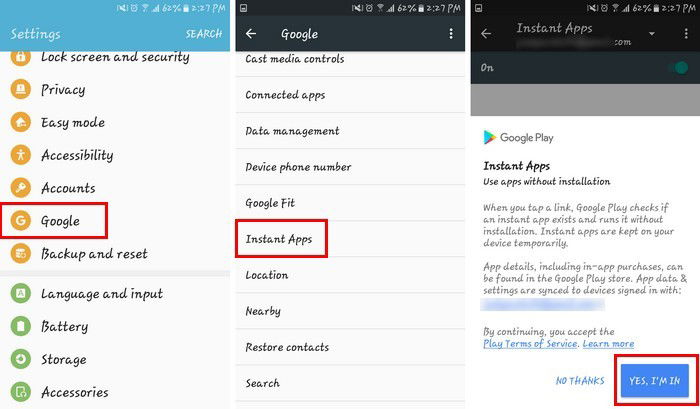 Параметр Instant Apps в настройках Google на Android