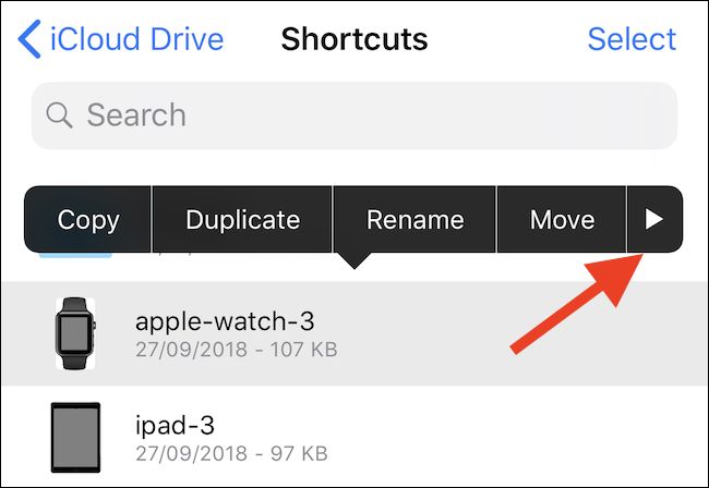 Удержите файл и нажмите стрелку для дополнительных опций