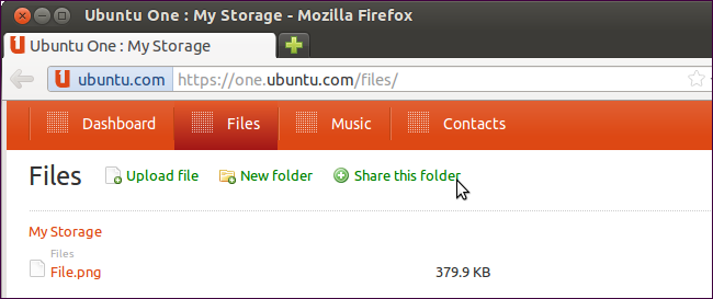 Форма совместного доступа к папке на сайте Ubuntu One