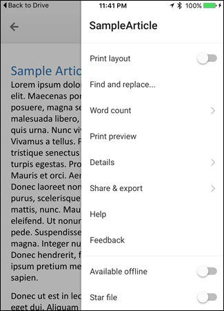 Документ в Google Docs на iOS