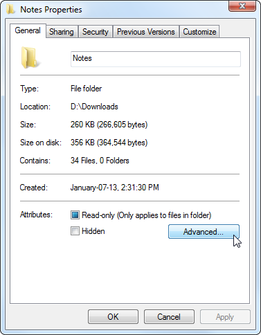 Кнопка «Дополнительно» в окне свойств элемента Windows