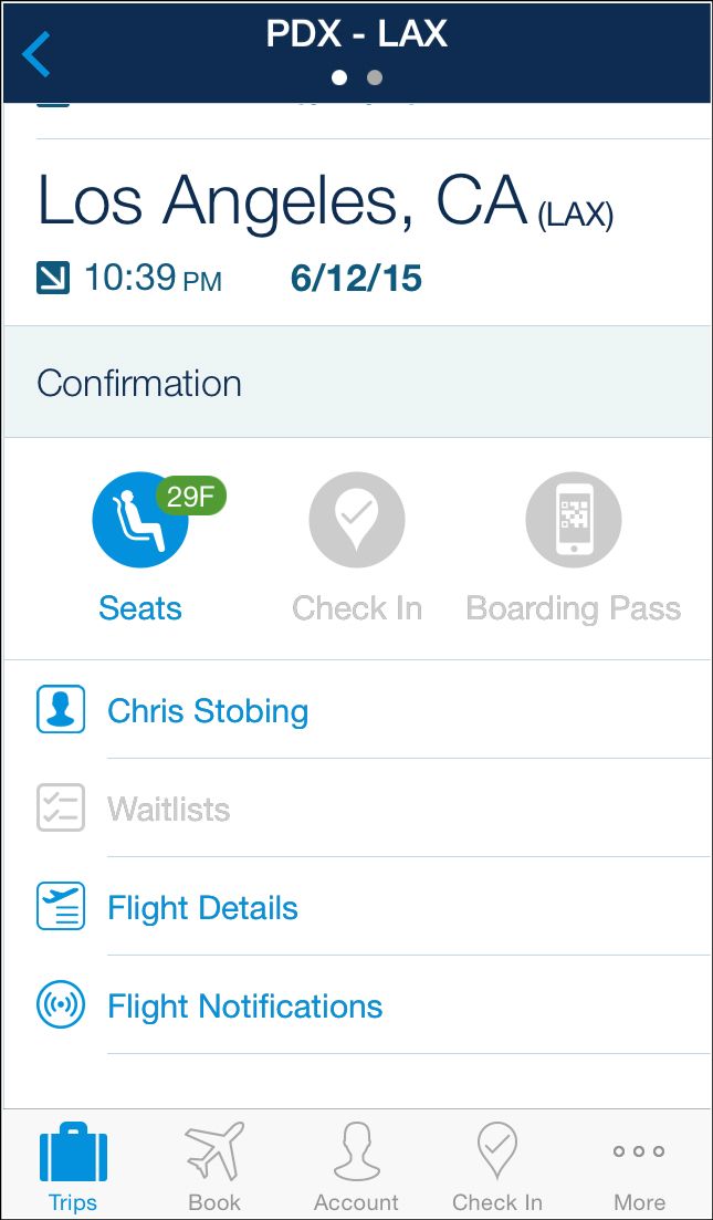 Карточка рейса с информацией о месте и времени вылета