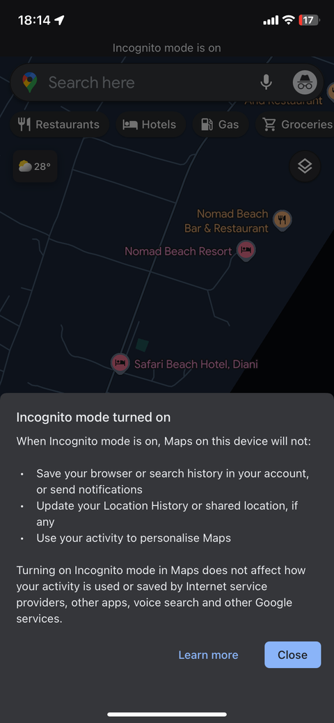 Подтверждение включения режима инкогнито