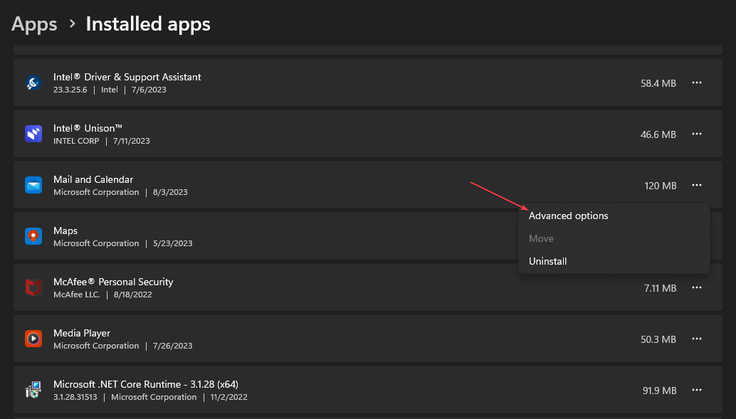 Изображение: кнопка Сброс в дополнительных параметрах Почты